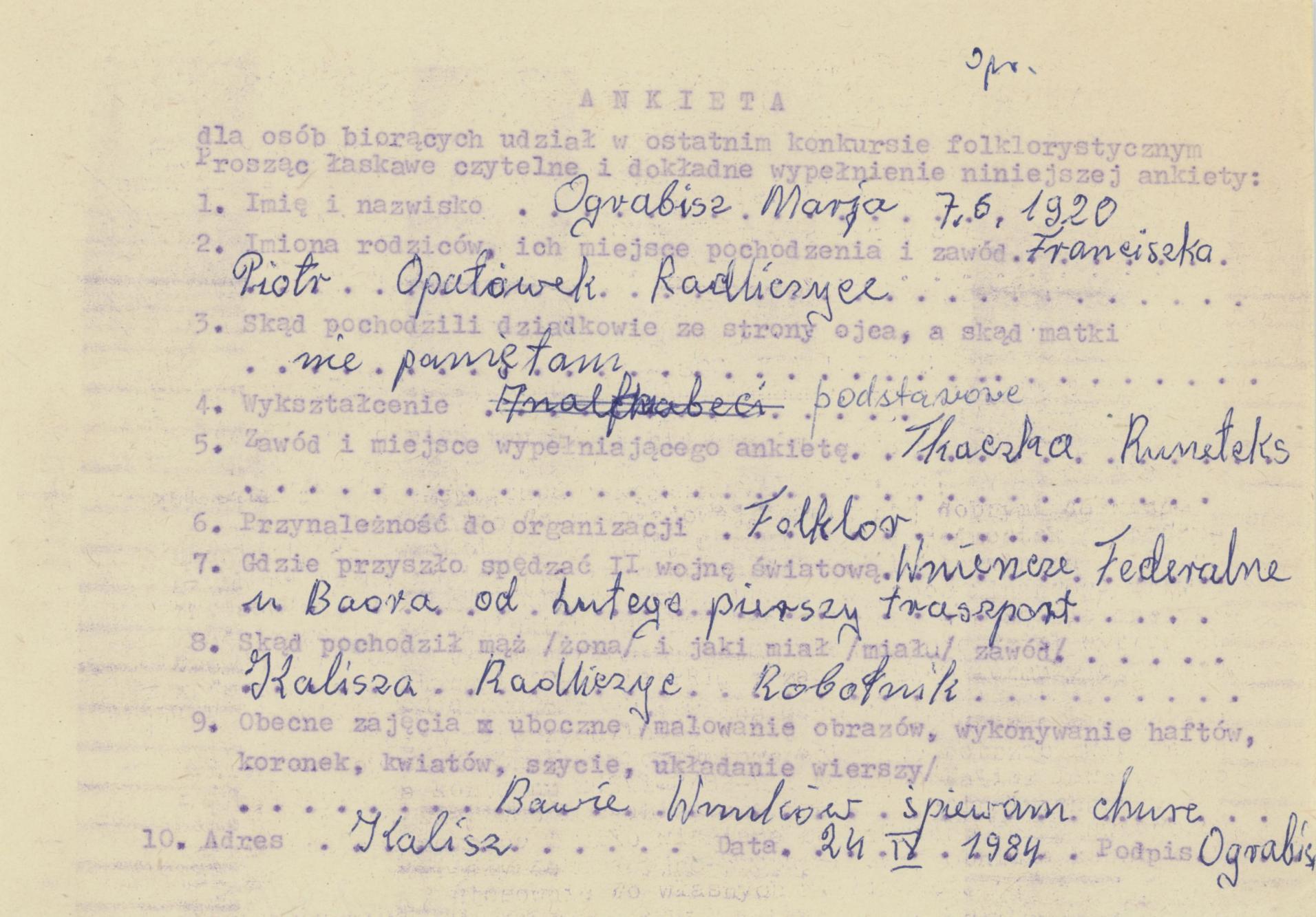 Maria Ograbisz - ankieta osobowa