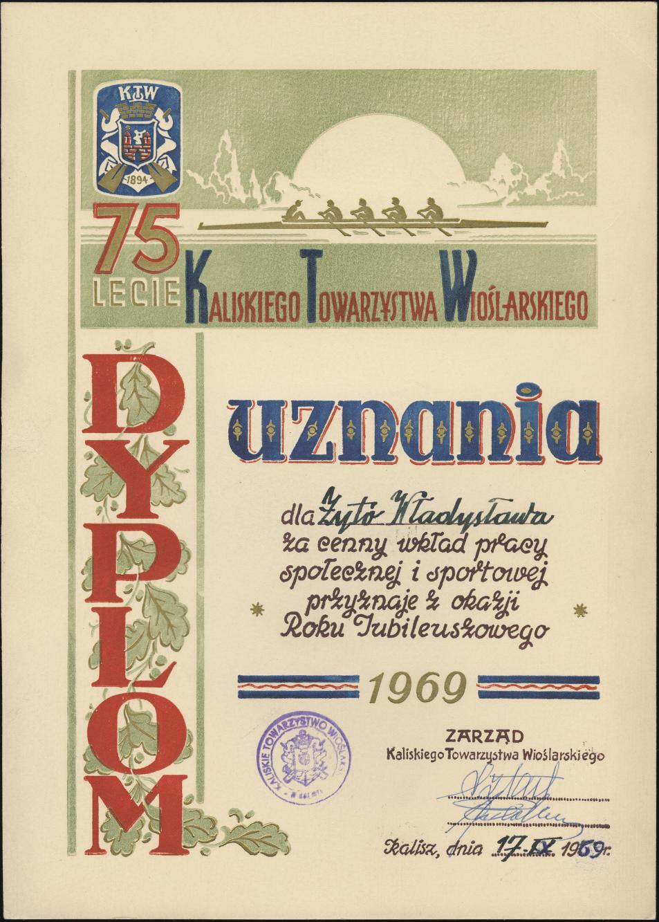 Dyplom uznania, 75 -lecie Kaliskiego Towarzystwa Wioślarskiego dla Żyto Władysława