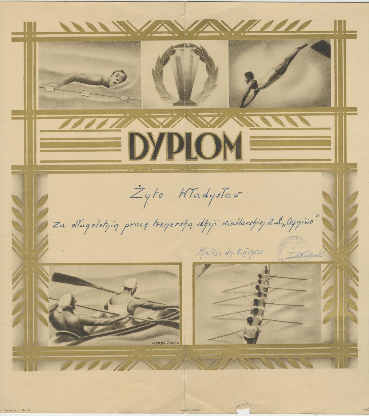 Dyplom, Żyto Władysław, za długoletnią pracę trenerską sekcji wioślarskiej Z[rzeszenia] S[portowego] „Ogniwo”