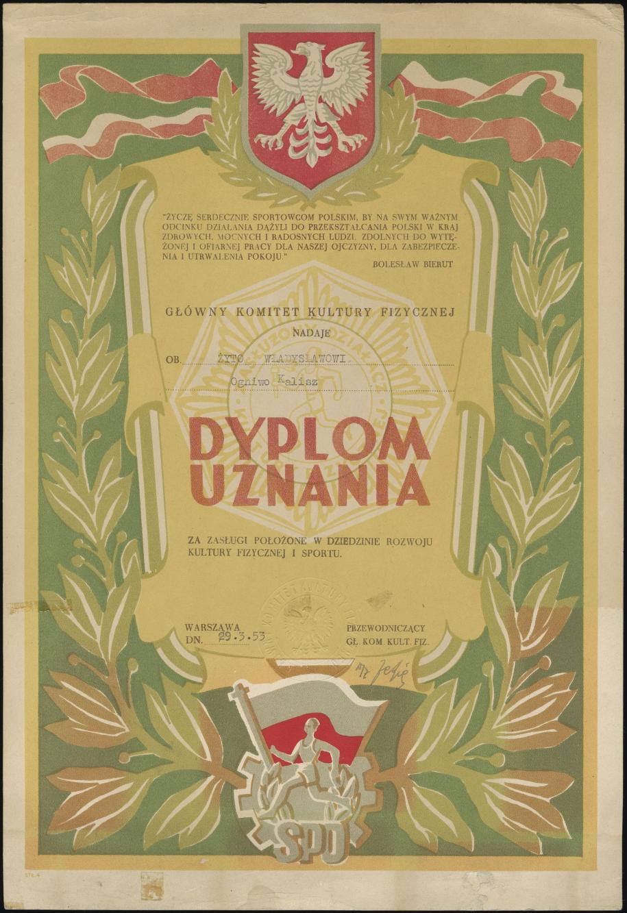 Dyplom dla Władysława Żyto za zasługi położone w dziedzinie rozwoju Kultury Fizycznej i Sportu
