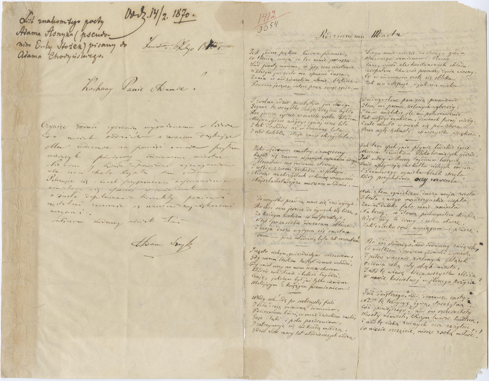 Rękopis Adama Asnyka z wierszem "Rodzinnemu Miastu"