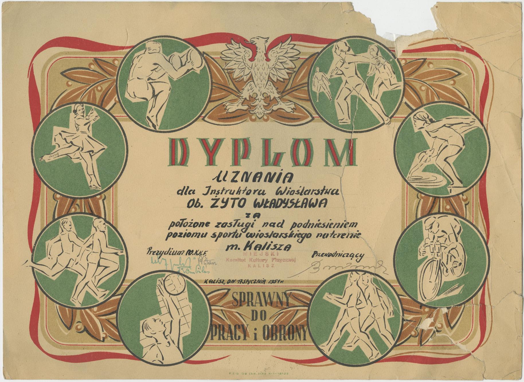 Dyplom uznania dla Instruktora Wioślarstwa ob[ywatela] Władysława Żyto