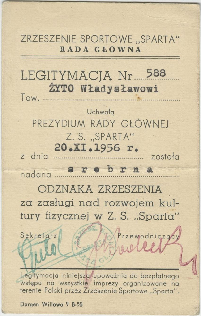 Legitymacja Zrzeszenia Sportowego „Sparta” dla Władysława Żyto
