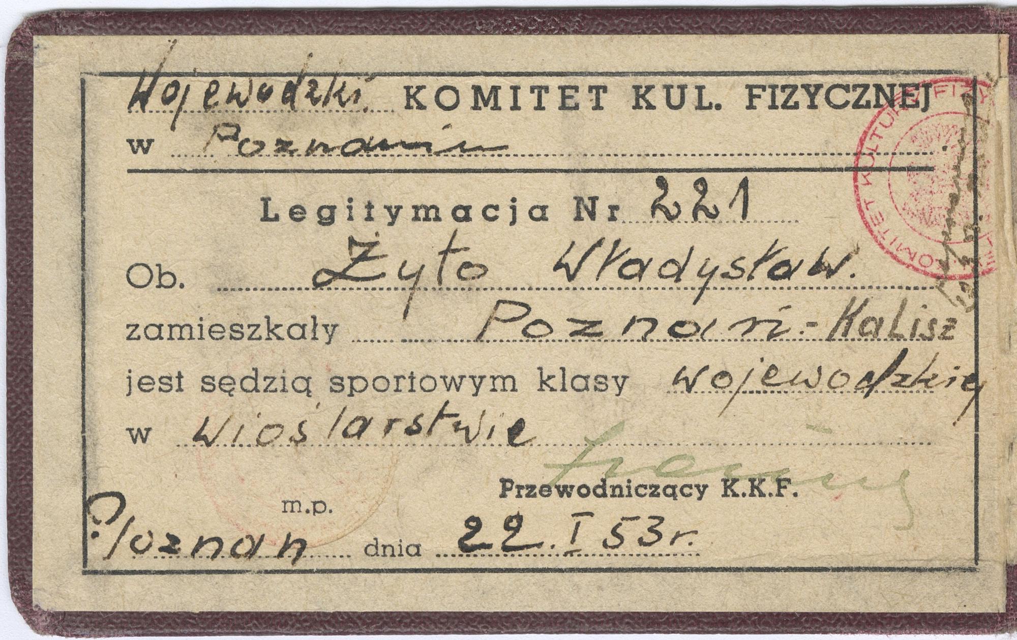 Legitymacja Władysława Żyto, sędziego sportowego klasy wojewódzkiej w wioślarstwie