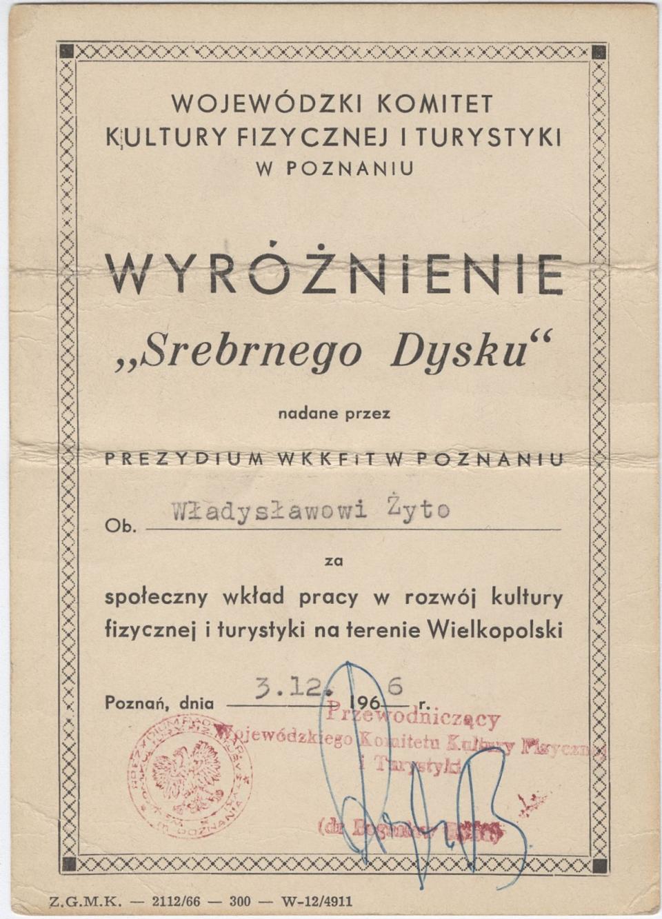 Wyróżnienie „Srebrnego Dysku” dla Władysława Żyto