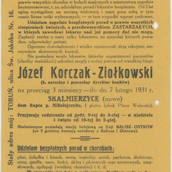 Ulotka dotycząca porad bezpłatnych lekarza Józefa Korczaka-Ziółkowskiego