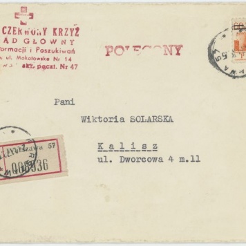 List PCK Zarząd Główny - Biuro Informacji i Poszukiwań w Warszawie do Wiktorii Solarskiej z Kalisza 