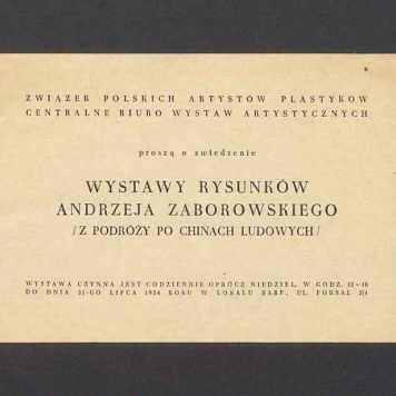 Zaproszenie na wystawę rysunków Andrzeja Zaborowskiego "Z podróży po Chinach Ludowych"