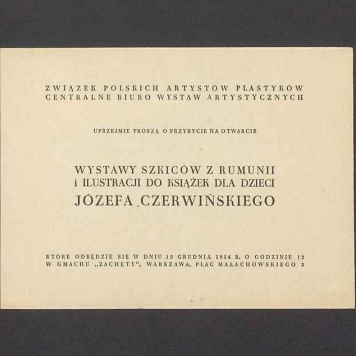 Zaproszenie na otwarcie wystawy szkiców z Rumunii i ilustracji do książek dla dzieci Józefa Czerwińskiego