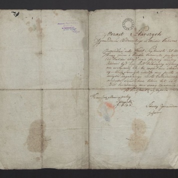 Zastępczy list czeladniczy wydany przez Urząd Starszych Zgromadzenia Bednarskiego w Mieście Kaliszu