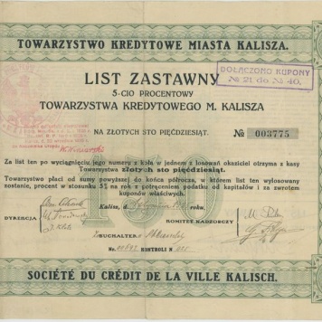 List Zastawny 5-procentowy Towarzystwa Kredytowego M. Kalisza 