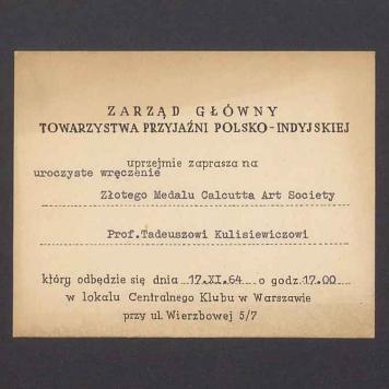 Zaproszenie na wręczenie T. Kulisiewiczowi Złotego Medalu Calcutta Art Society