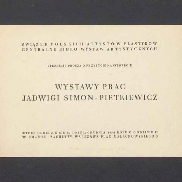 Zaproszenie na otwarcie wystawy prac Jadwigi Simon-Pietkiewicz