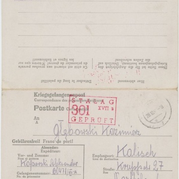 Karta przesyłki poczty jenieckiej adresowana do Kazimierza Głębowskiego 