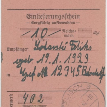 Pokwitowanie pocztowe - przekaz pieniężny Feliksa Solarskiego 