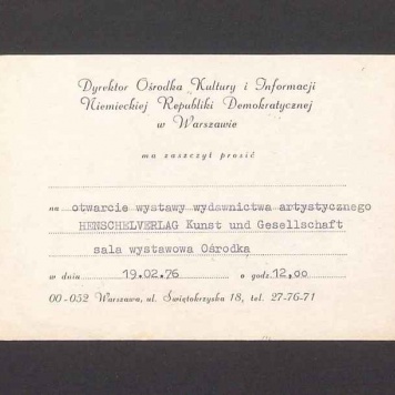 Zaproszenie na otwarcie wystawy wydawnictwa artystycznego Henschelverlag Kunst und Gesellschaft