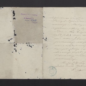 Upoważnienie skierowane do Starszych Zgromadzenia Bednarskiego w Stawiszynie do wypłaty 6 rubli wdowie Juliannie Napruszewskiej na pokrycie kosztów pogrzebu męża