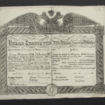 Świadectwo wyzwolenia na czeladnika Cechu Bednarskiego w Sieradzu