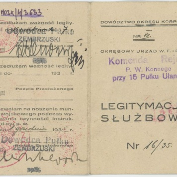 Legitymacja służbowa wystawiona przez komendę Rejonu P.W. Konnego przy 15 Pułku Ułanów na nazwisko Kazimierza Głębowskiego  