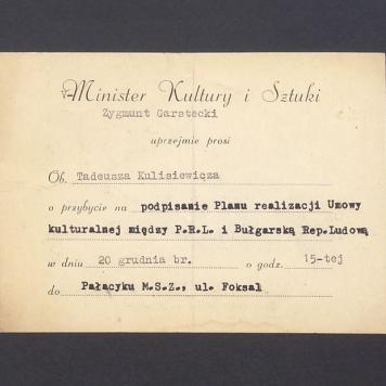 Zaproszenie na podpisanie Planu realizacji Umowy kulturalnej między P.R.L. i Bułgarską Rep. Ludową