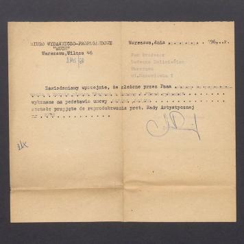 Biuro Wydawniczo-Propagandowe "Ruch": zawiadomienie o przyjęciu obrazów do reprodukowania 