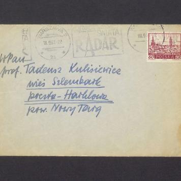Koperta, adr. W. Pan prof. Tadeusz Kulisiewicz