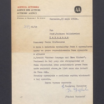 Agencja Autorska: przypomnienie o wysłanych egzemplarzach umowy do "Matki Courage"