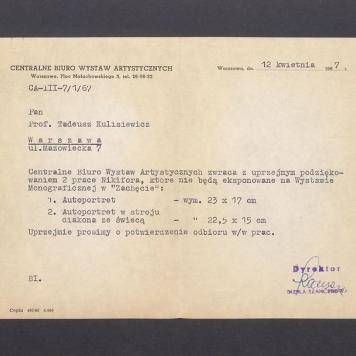 Podziękowanie za wypożyczenie prac Nikifora