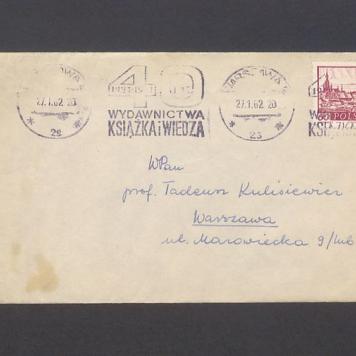 Koperta, adr. W. Pan prof. Tadeusz Kulisiewicz