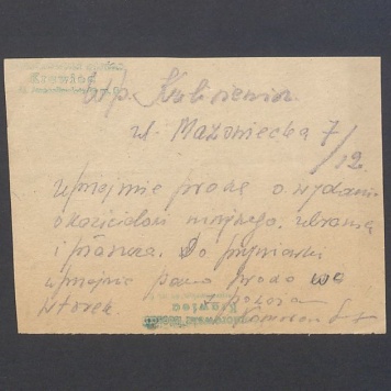 Kartka od krawca z upoważnieniem do wydania ubrania i płaszcza T. Kulisiewiczowi