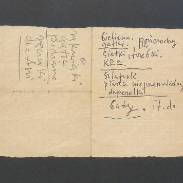 Karteczka z odręcznymi zapiskami: lista zakupów lub rzeczy do zabrania (w podróż?) i rysunek z zaznaczonymi punktami