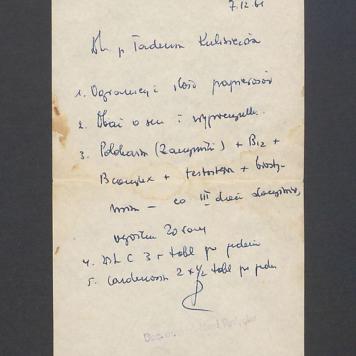 Zalecenia lekarskie, zapisane przez Doc. dr  med. Józefa Rydygiera dla T Kulisiewicza
