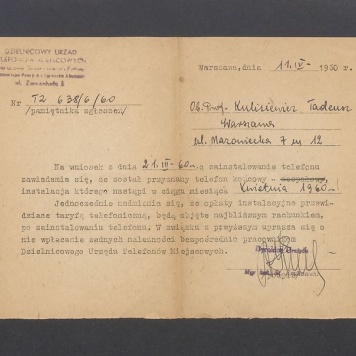 Zawiadomienie o przyznaniu telefonu końcowego i jego instalacji w ciągu kwietnia 1960 r.