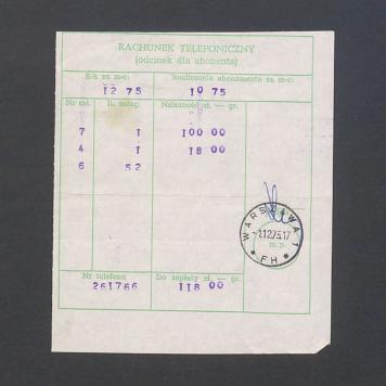 Rachunek telefoniczny (odcinek dla abonenta), za grudzień 1975r.