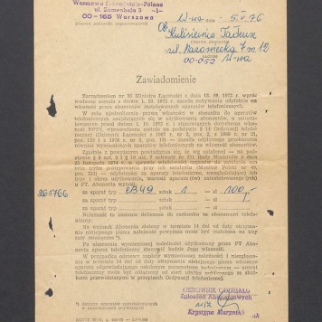 Zawiadomienie w sprawie zarządzenia Ministra Łączności o możliwości nabywania odpłatnie na własność aparatów telefonicznych przez abonentów