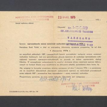 Pismo - informacja o wprowadzeniu nowej numeracji rachunków bankowych z dniem 1 stycznia 1976r.