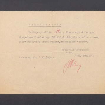Pokwitowanie odbioru ilustracji do książki "Młodzież chłopska  w walce o nową wieś"