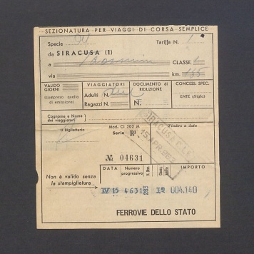 Bilet kolejowy na przejazd z Syrakuz do Taorminy