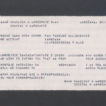 Zawiadomienie z Banku Handlowego w Warszawie o zmianie numeru rachunku