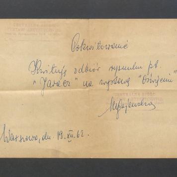 Pokwitowanie odbioru rysunku "Jaracz"