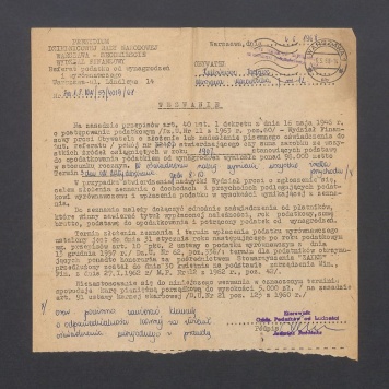 Wezwanie do Wydziału Finansowego Dzielnicowej Rady Narodowej Warszawa w sprawie złożenia zeznania o dochodach i przychodach podlegających podatkowi.