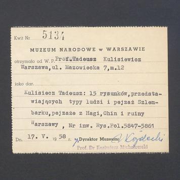 Potwierdzenie ofiarowania dzieł przez T. Kulisiewicza do Muzeum Narodowego w Warszawie