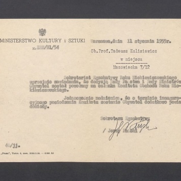 Zawiadomienie o powołaniu na członka Komitetu Obchodu Roku Mickiewiczowskiego