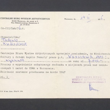 Zawiadomienie o zakupie pracy "Warszawa 1945" przez Ministerstwo Kultury i Sztuki