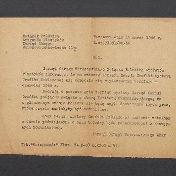 Związek Polskich Artystów Plastyków: zawiadomienie o zmianie terminu wystawy Grafiki Reklamowej