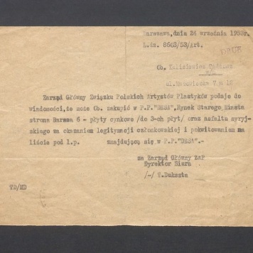 Związek Polskich Artystów Plastyków: informacja, że w punkcie "Desy" są dostępne płyty cynkowe i asfalt syryjski