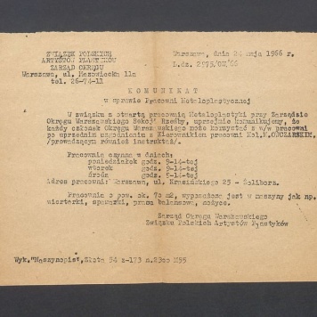 Komunikat ws. pracowni metaloplastycznej