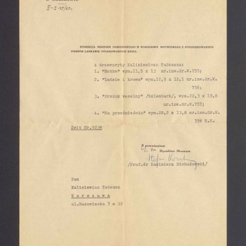 Podziękowanie za ofiarowane dzieła od Dyrekcji Muzeum Narodowego w Warszawie