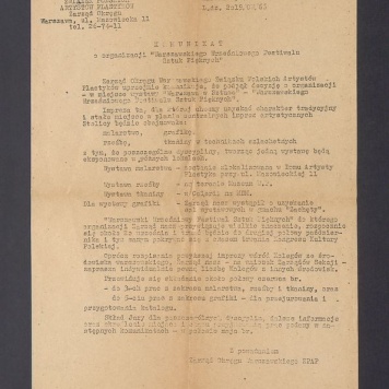 Związek Polskich Artystów Plastyków: komunikat o organizacji "Warszawskiego Wrześniowego Festiwalu Sztuk Pięknych"