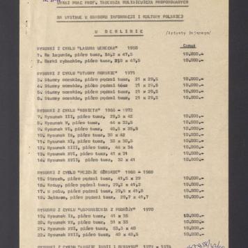 Wykaz prac Tadeusza Kulisiewicza proponowanych na wystawę w Ośrodku Informacji i Kultury Polskiej w Berlinie